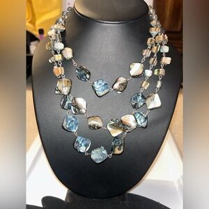 Vintage Stone Abalone Multi Strand Earthtone Necklace Beach Ocean Silver Tone